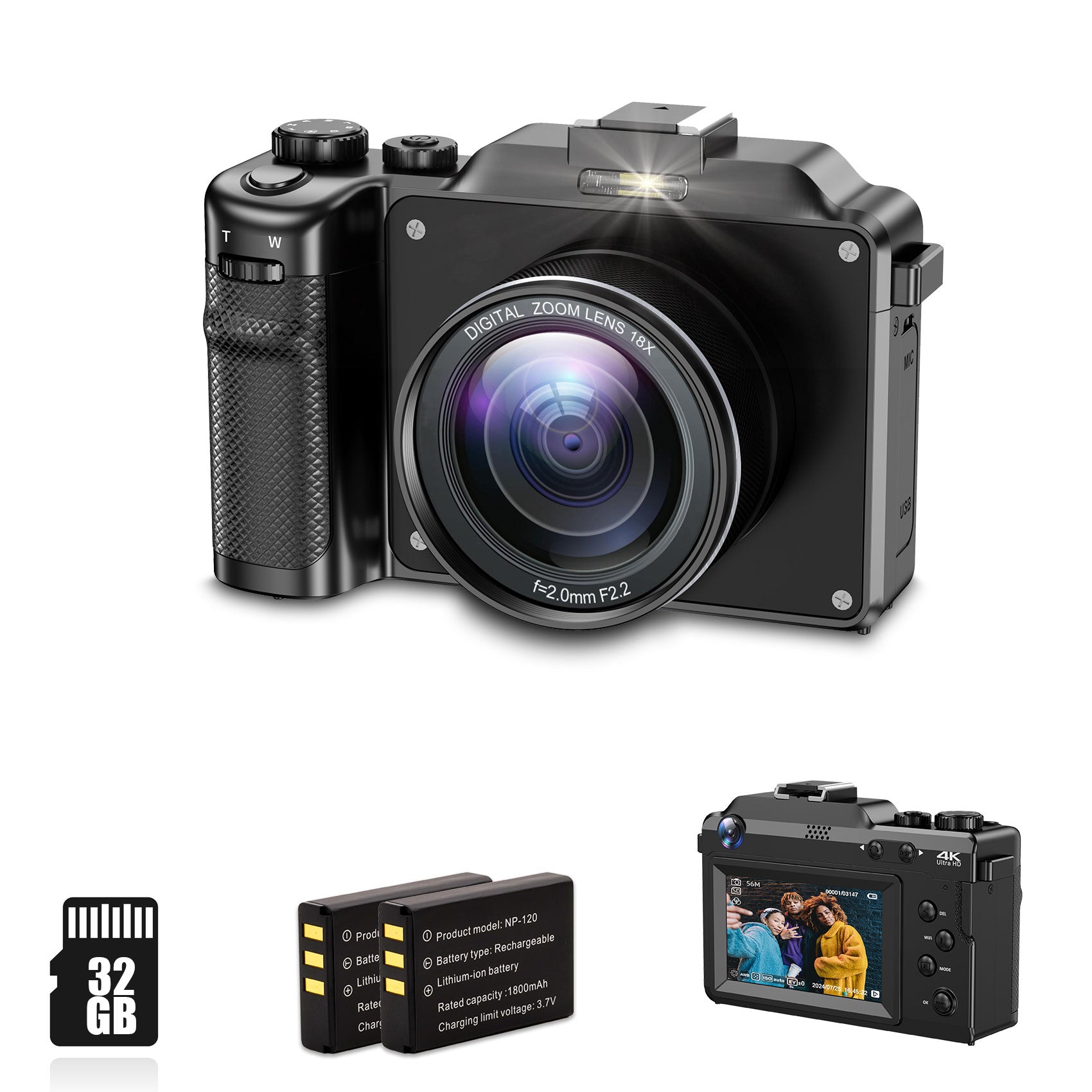 Vlogging Camera for YouTube, 4K Resolution, Dual Lenses, 56MP Photos, 18X Digital Zoom, 3