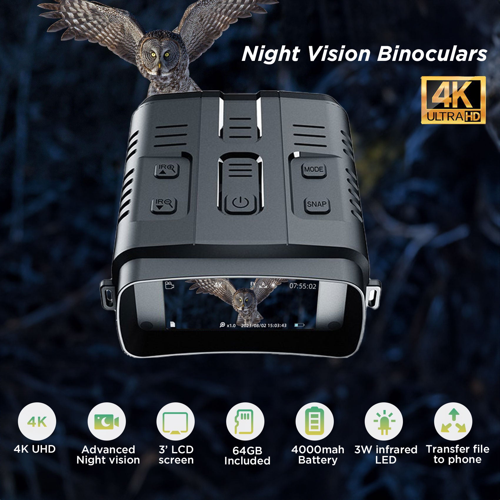 Night Vision Goggles 4K,Rechargeable Night Vision Binoculars, Video and Photo, 3