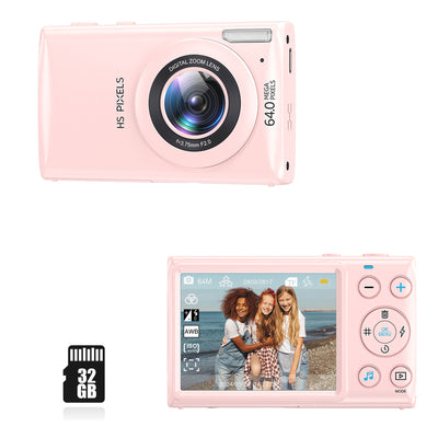 Digital Camera Pink, 4K Vlogging Camera, Vintage Camera, Autofocus 64MP 18X Digital Zoom Compact Point and Shoot Digital Cameras for Boys and Girls, Teens, Beginner, 32GB Included, Pink