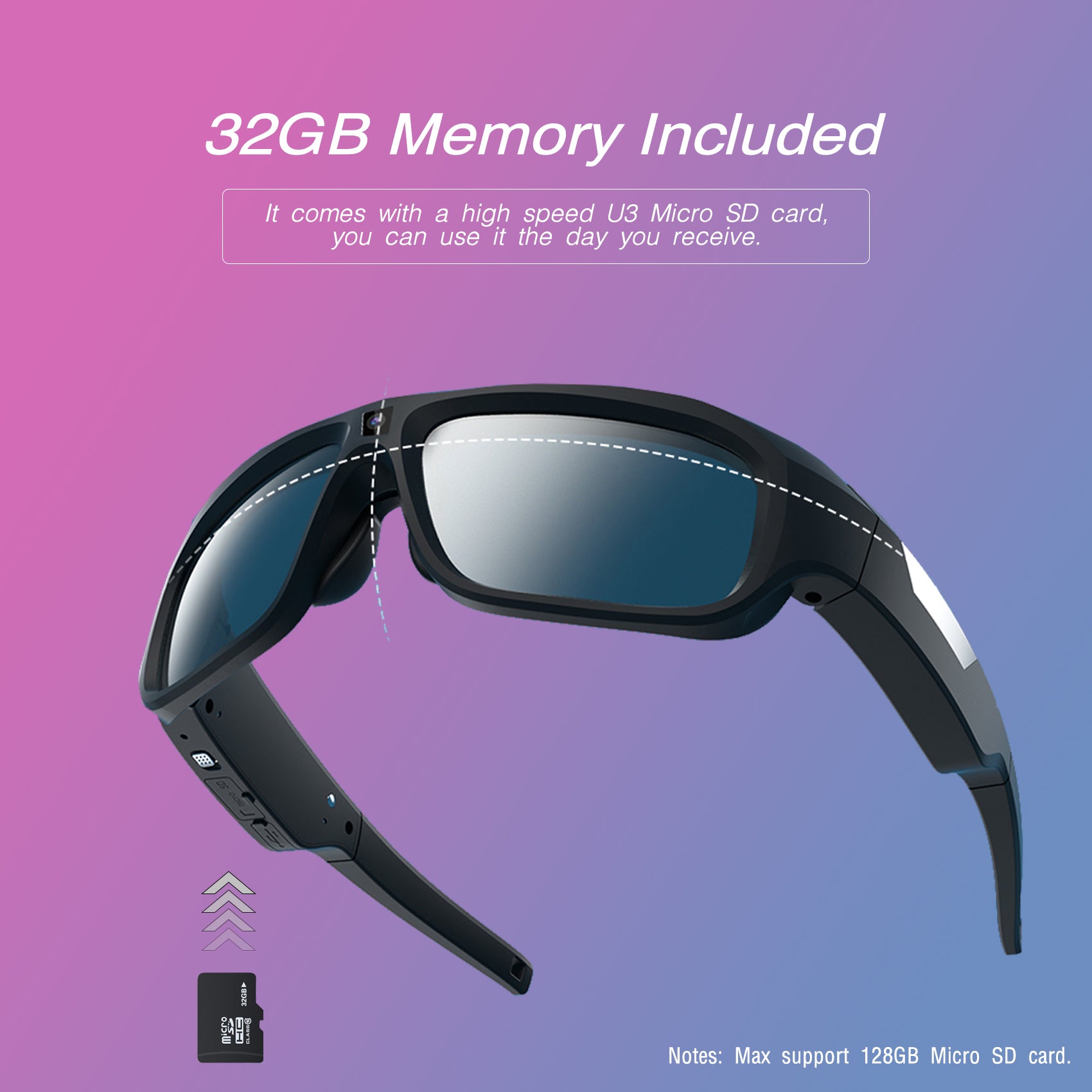 Camera Glasses 2K/30FPS, Sport Sunglasses Video Recording Eyewear, 32GB Memory Inside