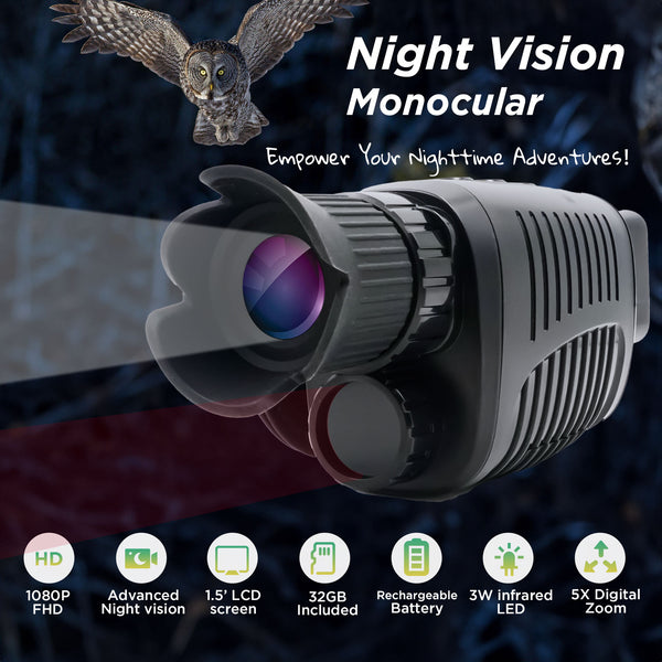 Night Vision Monocular, 1080p Infrared Monocular for 100% Darkness, 32GB Included, Travel, Camping, Hunting, Surveillance