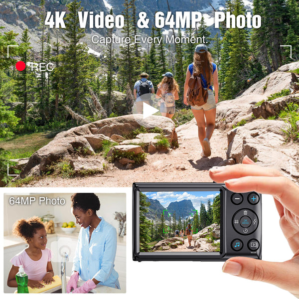 4K Digital Camera Vlogging Camera Photography and Video 64MP 18X Digital Zoom Compact Point and Shoot Digital Cameras Autofocus for Boys and Girls, Teens, Beginner, 32GB Included
