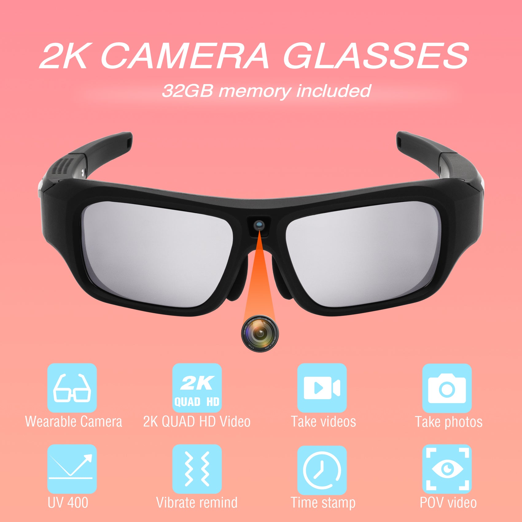 Camera Glasses 2K/30FPS, Sport Sunglasses Video Recording Eyewear, 32GB  Memory Inside